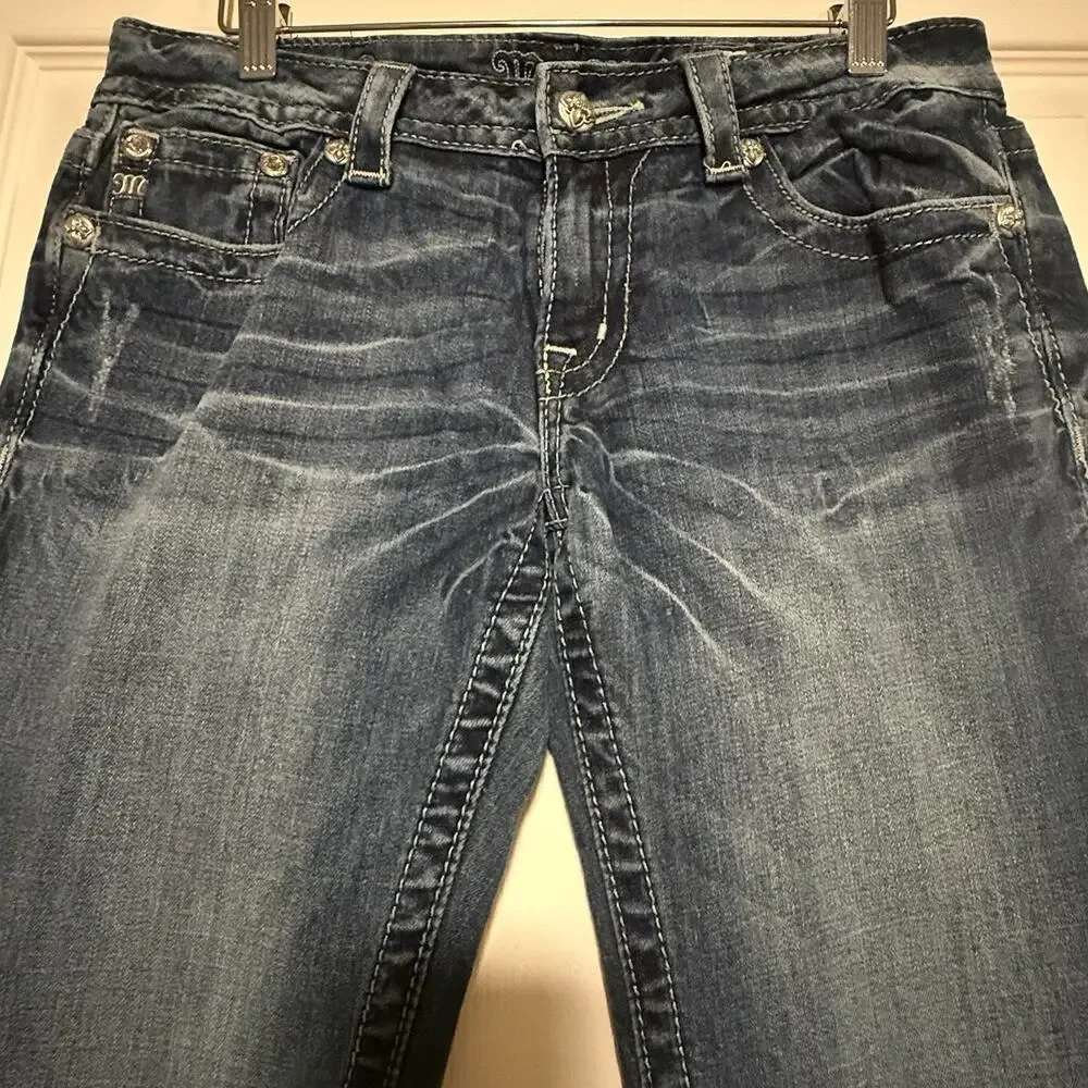 Y2k Miss Me Jeans VTG Low Rise SIZE 29 Fleur De Lis Whiskered Fadeed Bootcut Wmn